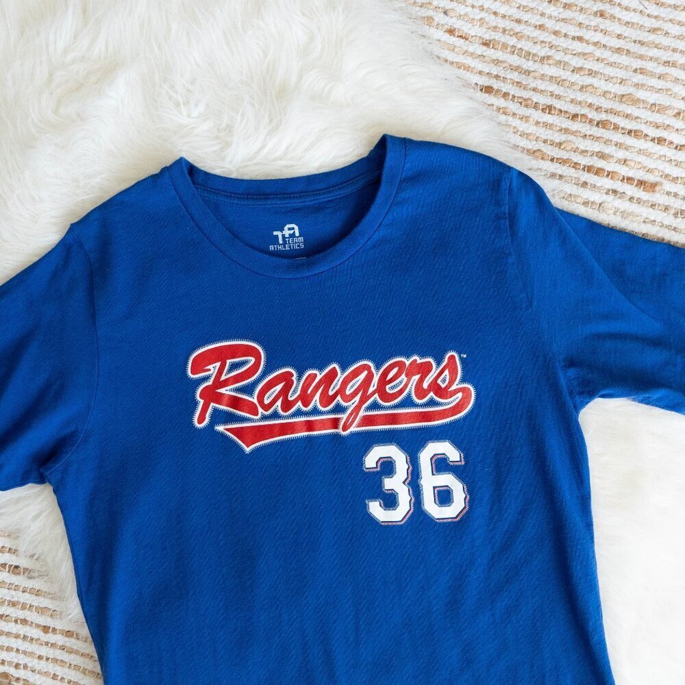 TEAM ATHLETICS TEXAS RANGERS BLUE TEE SHIRT YOUTH XL 18-20 #36 LANGFORD